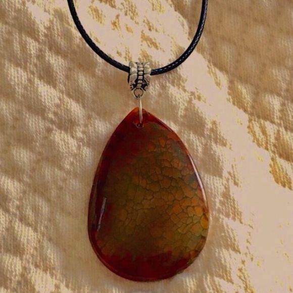 Fire Dragon Agate Teardrop Pendant on Waxed Necklace w/ Lobster Claw Clasp - Picture 8 of 11